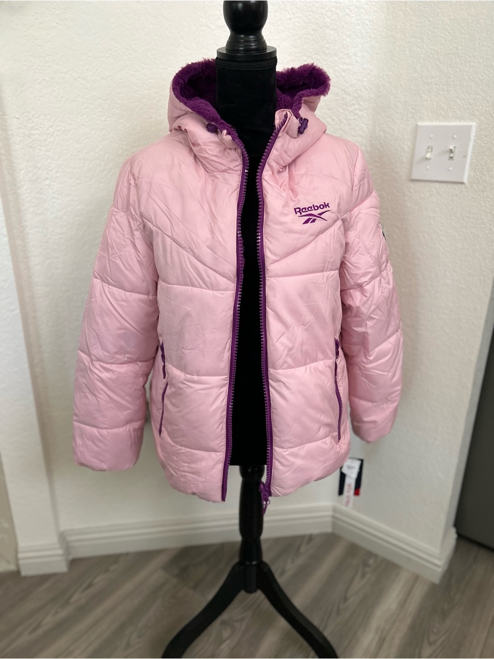 Reebok Light Pink Puffer Jacket with Purple Accents
